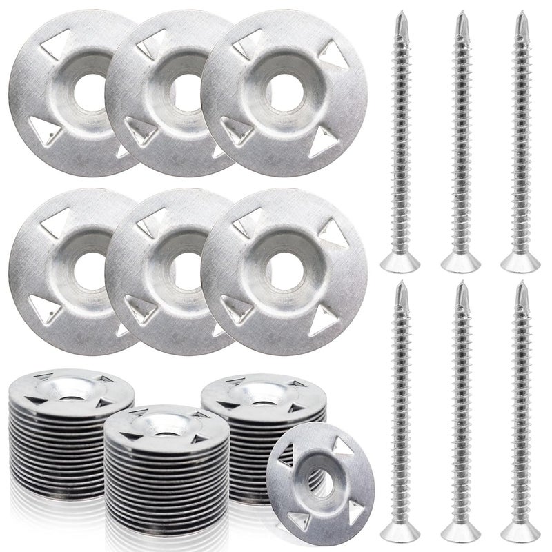 TiciKim 200 Pcs Foam Board Fasteners Kit Washers for Insulation Foam Board Panels 100Pcs 1-1/8 Inch Galvanized Steel Washer and 100Pcs Screws for Fixing Fastening and Supporting Hardware Set for Foam Board - Image 1